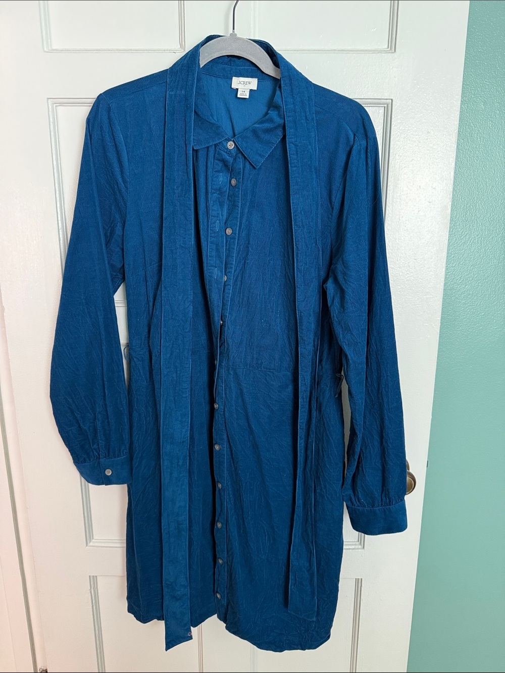 J. Crew women Teal-Blue Long Sleeve Button-Down Shirt dress with Attached belt